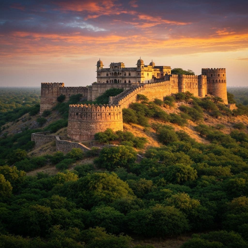 Ranthambore Fort standing within Ranthambore National Park — home to 10 safari zones